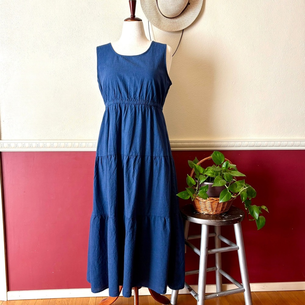 Christopher & Banks Blue Cotton Linen Tiered Sleeveless Maxi Dress Large
